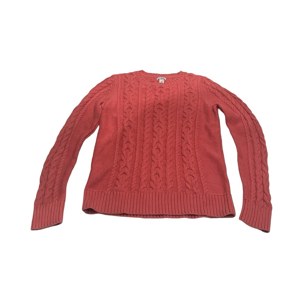 LL Bean Womens XS Coral Pink Cable Knit‎ 100% Cotton Crew Neck Sweater